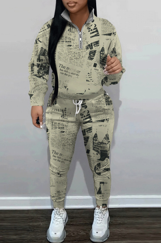 Brown Graphics Print Long Sleeve Hoodies Sweatshirt And Skinny Sweatpants Sportwear Casual Two Pieces Tracksuit Sets