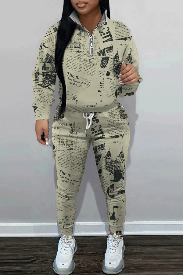 Brown Graphics Print Long Sleeve Hoodies Sweatshirt And Skinny Sweatpants Sportwear Casual Two Pieces Tracksuit Sets