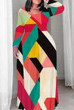 Dark Green Geometry Print Long Sleeve O Neck Floor Length Loose Vacation Baggy Maxi T Shirt Dress
