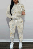 Light Beige Gray Graphics Print Long Sleeve Hoodies Sweatshirt And Skinny Sweatpants Sportwear Casual Two Pieces Tracksuit Sets