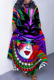 Green Figure Print O Neck 3/4 Sleeve Strap Design Belted Floor Length Plus Size Vacation Loose A Line Maxi Dress