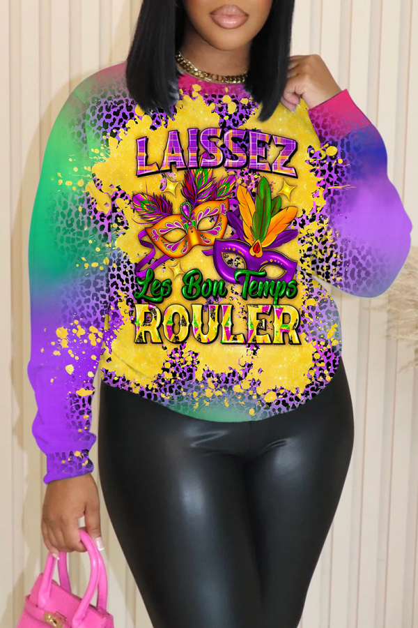Purple Gold Graphic Print Round Neck Long Sleeve Casual Fall Winter Sweatshirts