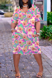 Blue Casual Love Print V Neck Short Sleeve Loose Pockets Midi T-Shirt Dress