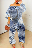 Blue Faux Denim Print Off Shoulder Long Sleeve Casual Vacation Harem Leg Jumpsuits