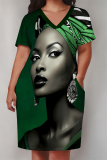 Silver Casual African Figure Print V Neck Short Sleeve Loose Pockets Plus Size Midi T Shirts Dress