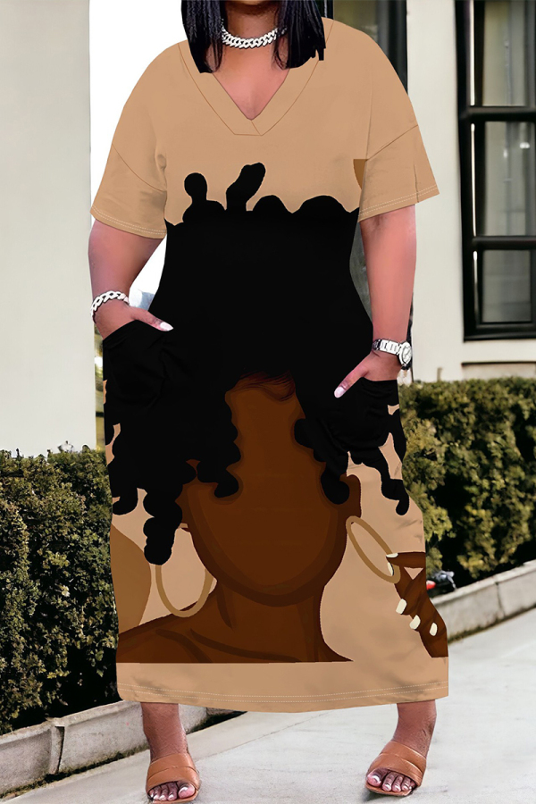 Camel Casual African Figure Print V Neck Short Sleeve Loose Pockets Casual Outing Plus Size Maxi T Shirts Dress