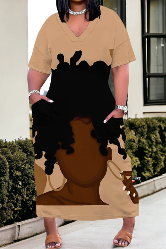 Camel Casual African Figure Print V Neck Short Sleeve Loose Pockets Casual Outing Plus Size Maxi T Shirts Dress Camel Casual African Figure Print V Neck Short Sleeve Loose Pockets Casual Outing Plus Size Maxi T Shirts Dress