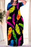 Color Leaves Feather Print Short Sleeve O Neck Floor Length Loose Plus Size Vacation Baggy Maxi T Shirt Dress