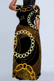 White Geometric Chain Print Short Sleeve O Neck Floor Length Loose Plus Size Vacation Baggy Maxi T Shirt Dress