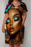 Silver Casual African Figure Print V Neck Short Sleeve Loose Pockets Plus Size Midi T Shirts Dress