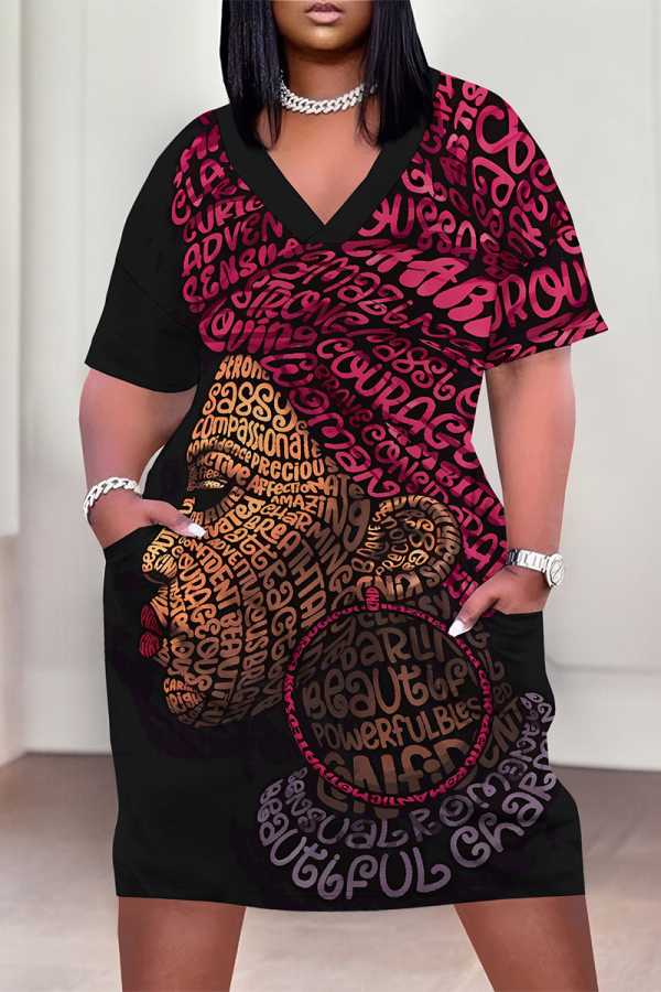 Black Casual African Figure Letter Print V Neck Short Sleeve Loose Pockets Plus Size Midi T Shirts Dress