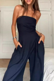 Khaki Sleeveless Backless Strapless Pocket Casual Loose Vacation Wide Leg Tube Top Jumpsuits