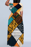 Color Leaves Feather Print Short Sleeve O Neck Floor Length Loose Plus Size Vacation Baggy Maxi T Shirt Dress