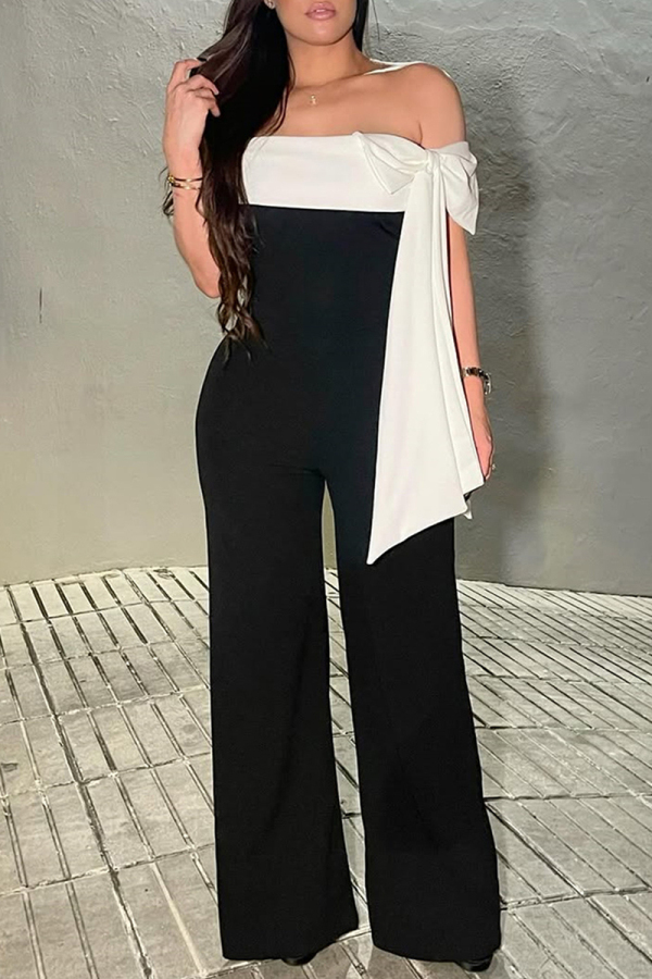Black Bow Backless Off Shoulder Casual Formal Office Lady Wide Leg Tube Tops Jumpsuits