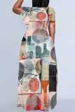 Color Leaves Feather Print Short Sleeve O Neck Floor Length Loose Plus Size Vacation Baggy Maxi T Shirt Dress