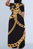 White Geometric Chain Print Short Sleeve O Neck Floor Length Loose Plus Size Vacation Baggy Maxi T Shirt Dress
