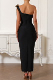 Gold 3D Flower Shape Decor Sleeveless Oblique Collar Slit Formal Evening Party Prom Bodycon Maxi Dresses