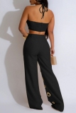 White Casual Sleeveless Cutout Design Halter Strapless Crop Top and Ripped Pants Summer Outings Two Pieces Trouser Sets