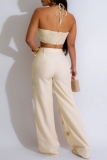 White Casual Sleeveless Cutout Design Halter Strapless Crop Top and Ripped Pants Summer Outings Two Pieces Trouser Sets