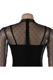 Black Network Sexy Patchwork Solid Hip skirt Long Sleeve Two-Piece Dress