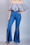 Dark Blue Denim Zipper Fly Button Fly High Solid washing Hole Zippered Boot Cut Pants 