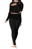 Black Sexy Solid Hollowed Out Patchwork O Neck Long Sleeve Two Pieces
