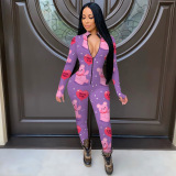 Cream White Casual Print Patchwork Zipper Collar Skinny Jumpsuits