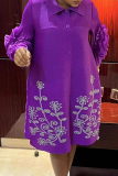 Orange Casual Flower Print Turndown Collar Lace Flare Sleeve Buttons Formal Office Lady A Line Plus Size Dresses