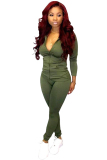 Army Green Fashion adult Active Casual Lightly cooked Zippered Two Piece Suits pencil Long Sleeve