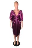 rose red Sexy lantern sleeve Half Sleeves V Neck Lantern skirt Mid-Calf Solid Casual Dresses