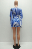 Light Blue Chemical fiber blend Fashion adult Sexy Cap Sleeve Half Sleeves V Neck Step Skirt ruffle Patchwork P