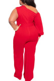 Red Sexy Solid Patchwork Oblique Collar Plus Size Jumpsuits