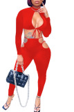 Red Sexy Solid Hollowed Out Patchwork Frenulum O Neck Long Sleeve Two Pieces