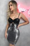 Gold adult Fashion Sexy Spaghetti Strap Sleeveless Slip Step Skirt skirt Sequin Solid Club Dre