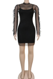 Black Network Sexy Patchwork Solid Hip skirt Long Sleeve Two-Piece Dress