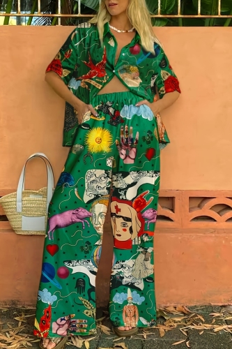 Green Graphics Print Shirt Collar Short Sleeve Blouse And Wide Leg Pants Vacation Casual Two Pieces Trouser Sets