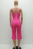 rose red Casual Striped zipper Sleeveless Slip Rompers