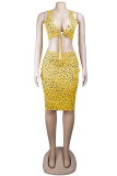 Yellow adult Sweet Fashion Two Piece Suits Print Patchwork A-line skirt Sleeveless