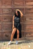 Black Fashion Casual Sexy Cap Sleeve Sleeveless O neck Asymmetrical Mid-Calf Draped Solid split