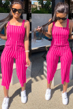 rose red Casual Striped zipper Sleeveless Slip Rompers