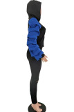 Blue Sexy Two Piece Suits Patchwork contrast color Hole pencil Long Sleeve Two-piece Pants Set