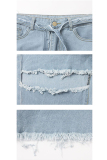 Light Blue Denim Button Fly Sleeveless High Patchwork washing Hole Solid bandage Boot Cut Pants 