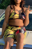 colour adult Sexy Fashion Print Patchwork Two Piece Suits Straight Sleeveless
