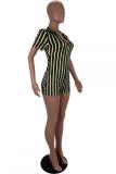 Black Fashion Sexy Print Patchwork zipper Striped Short Sleeve V Neck 