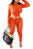 Orange Sexy Solid Hollowed Out Patchwork O Neck Long Sleeve Two Pieces