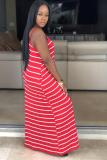 Red Sexy Fashion Spaghetti Strap Sleeveless Slip Step Skirt Ankle-Length Striped Solid Casual