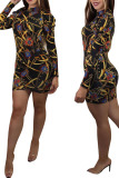 Black Casual Print Patchwork O Neck Long Sleeve Two Pieces