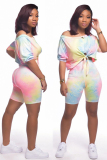 Blue Fashion adult Casual Tie Dye Bandage Print Two Piece Suits Patchwork pencil Half Sleeve