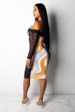 multicolor adult Fashion Sexy Off The Shoulder Long Sleeves One word collar Step Skirt Knee-Length Pr