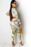 Cream white venetian Sexy Two Piece Suits Print pencil Long Sleeve Two-piece Pants Set